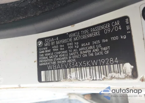 2005 BMW 325I I from USA, damaged, VIN WBAEV334X5KW19284